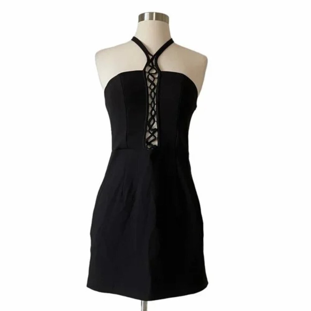 NEW NBD Lace Up Front Halter Black Mini Dress S - Picture 2 of 3